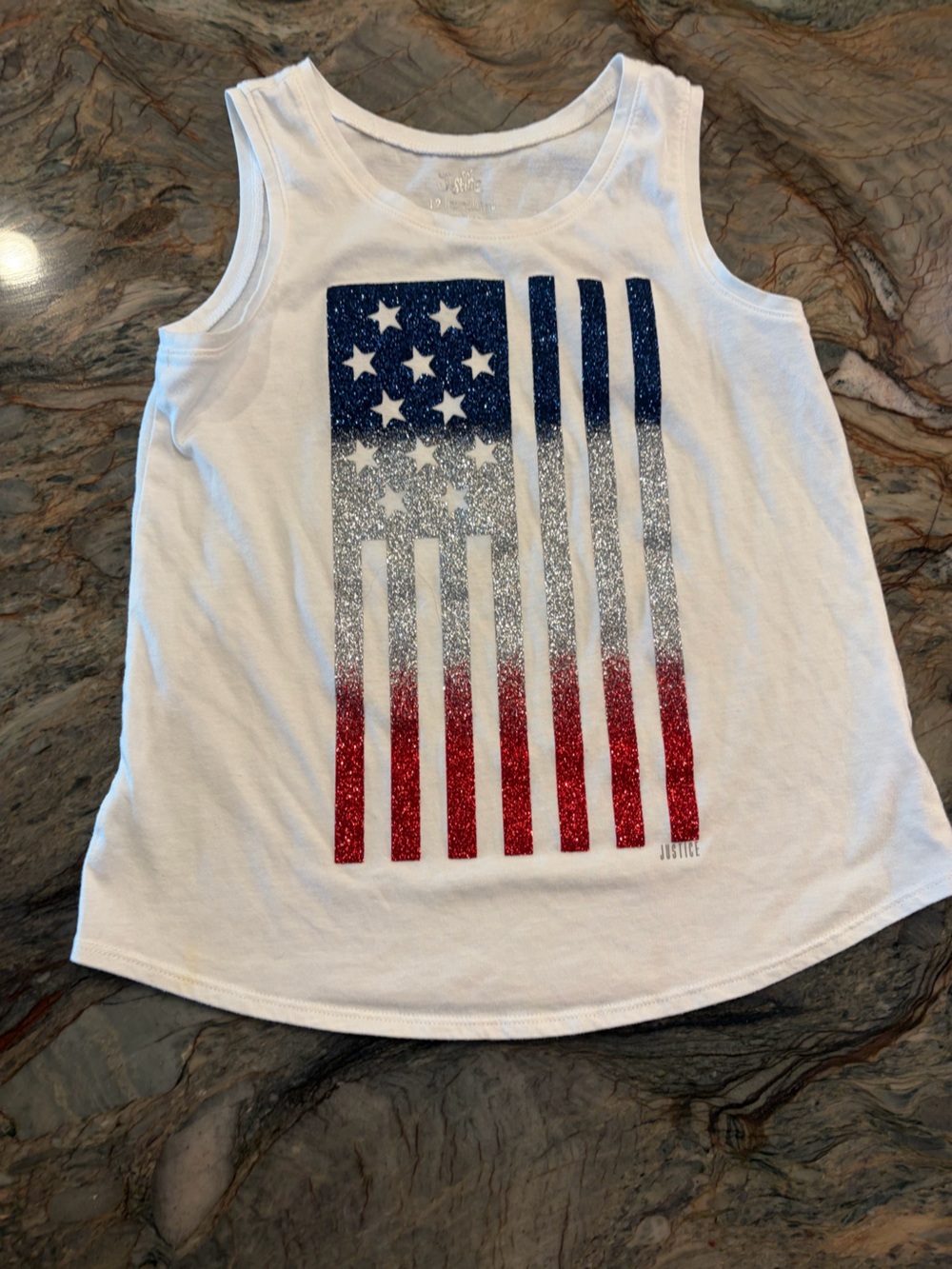 Justice White Tank Top with Red, Silver & Blue Glitter Flag